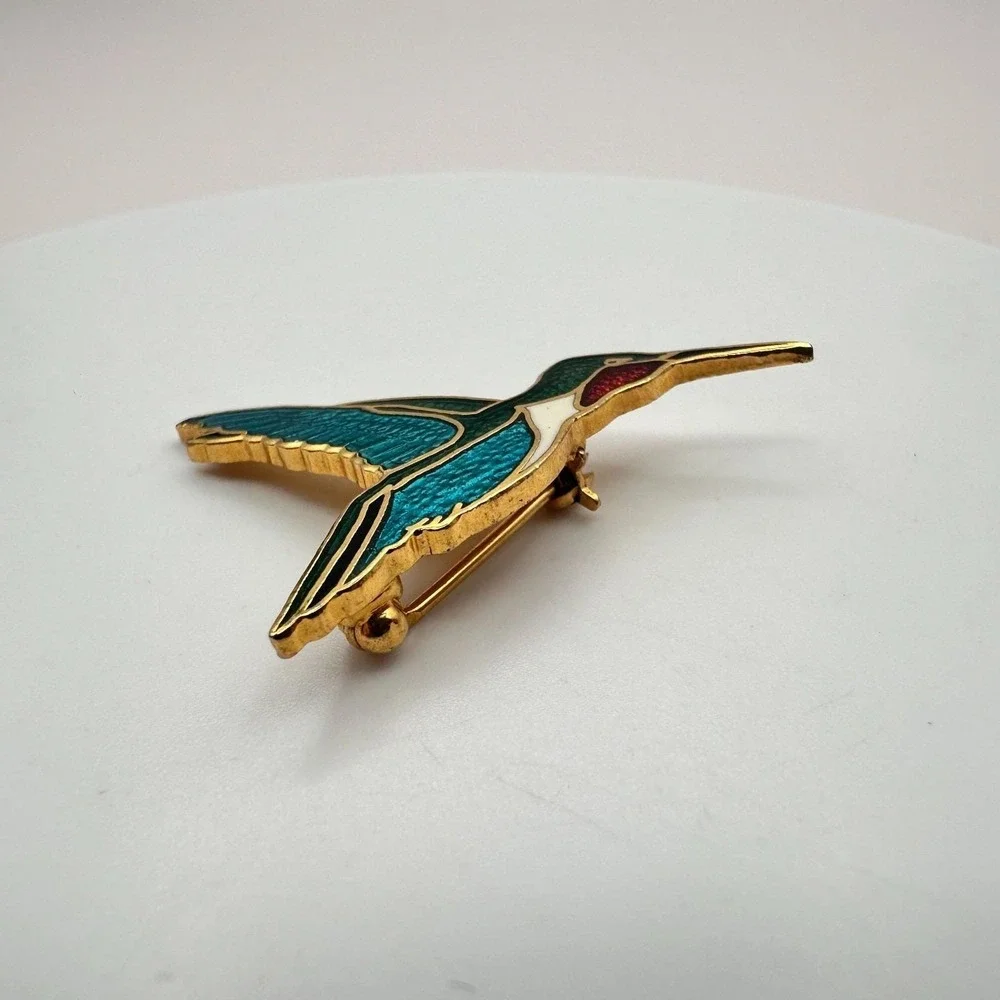 Vintage 80s Multicolor Hummingbird Pin Gold Tone Enamel Brooches‎ Retro Jewelry